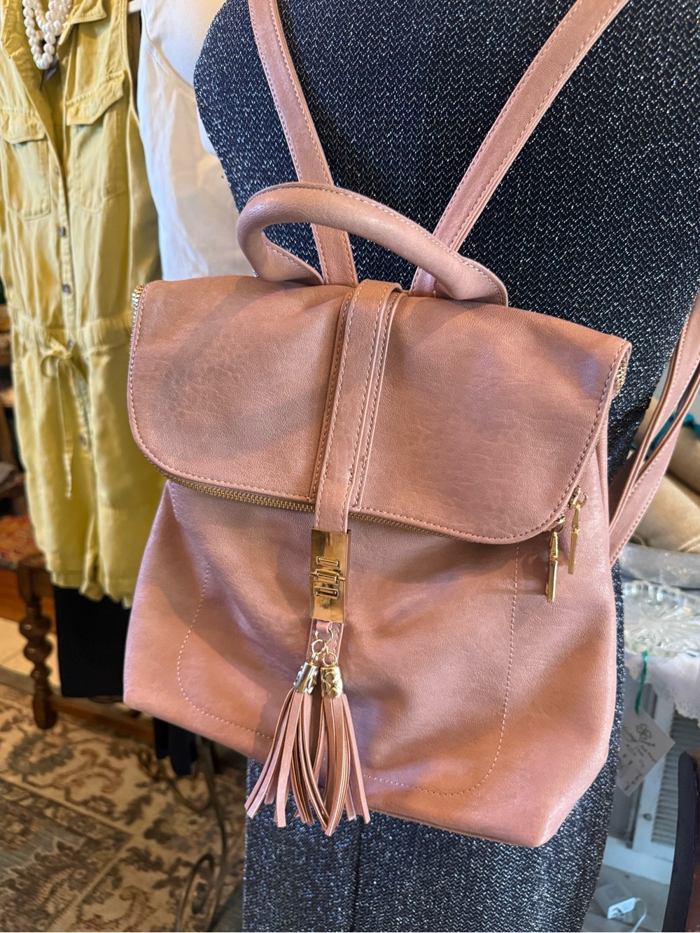 Miztique Rose Pink Tassel Backpack Purse with Gold Accents